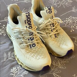 White Knit Chunky Sole Sneakers with Purple Accents